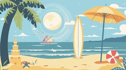 Vector art of beach vacation with umbrella and surfboard