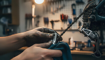Mechanic cleans bicycle derailleur and chain with a cloth in workshop area