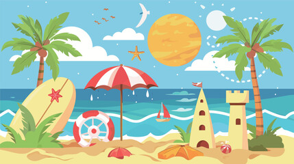 Vector art of beach vacation with umbrella and surfboard
