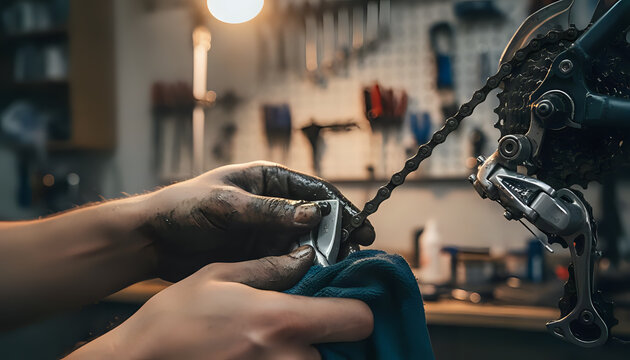 Mechanic cleans bicycle derailleur and chain with a cloth in workshop area