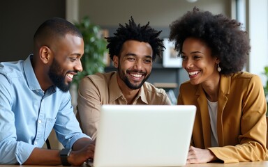 A diverse multi-racial team of three colleagues businesspeople have a relaxed discussion around a laptop notebook computer in an office or coworking space. They are all smiling and talking animatedly.