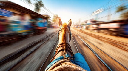 Horse riding along train tracks in a vibrant setting during a sunny day