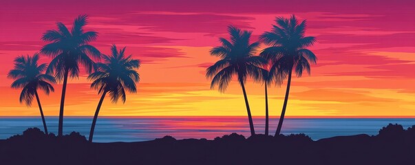 Obraz premium Silhouetted palm trees against a vibrant sunset over the ocean 70 characters