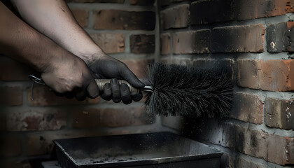 Chimney sweep cleans brick fireplace with brush and soot removal equipment
