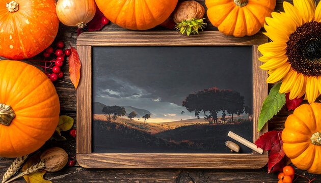 Autumn Harvest Still Life with Blackboard and Pumpkins.