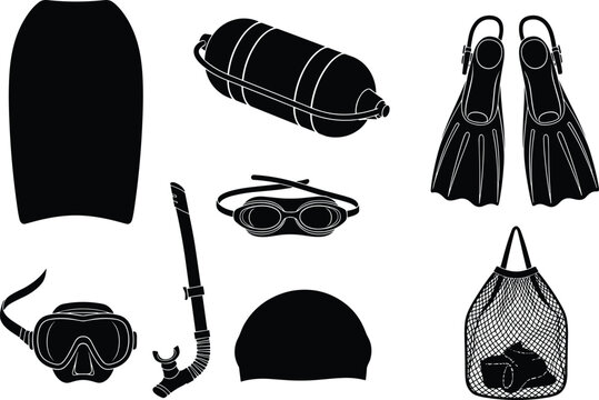 Black silhouette collection of swimming and diving equipment, swimming, diving, snorkel, mask, fins, goggles, swim cap, surfboard, scuba tank, mesh bag, water sports, equipment, gear, accessories, bla