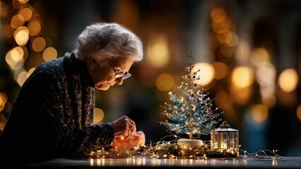 A heartwarming scene captures an elderly woman delicately arranging glowing lights around a miniature Christmas tree, exuding warmth, nostalgia, and the joy of holiday preparation.