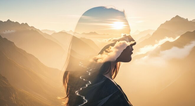 Silhouette of a woman with a sunset landscape at mountain range background, representing harmony and reflection