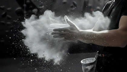 Gymnast prepares with chalk before climbing at indoor climbing gym wall