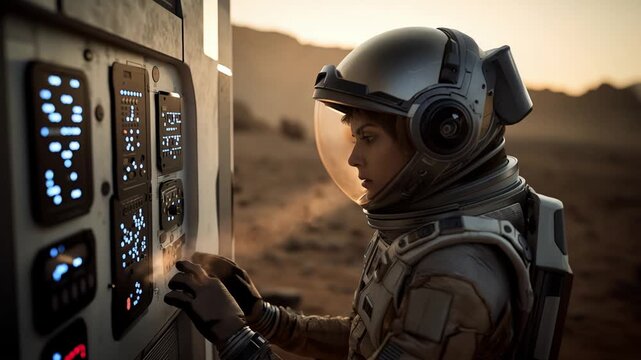 Woman astronaut engaged with controls amidst peaceful Martian