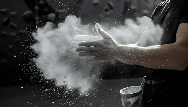 Gymnast prepares with chalk before climbing at indoor climbing gym wall