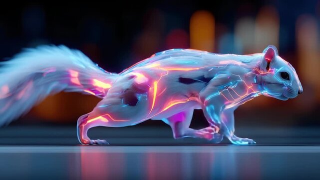 Glowing robotic squirrel running with bioluminescent energy flowing through its transparent body, a seamless loop representing concepts of future technology, AI, and digital nature