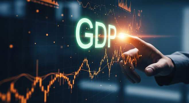 Gross domestic product GDP  financial charts and a hand pointing, symbolizing economic analysis, stock market , investment strategies, profit and success in finance