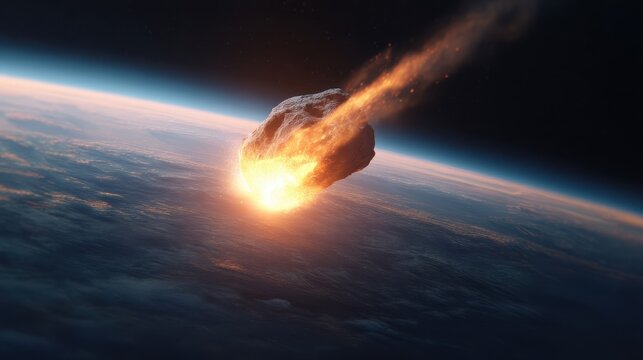An asteroid enters Earth's atmosphere glowing with fire and trailing smoke above the planet's cloud layer