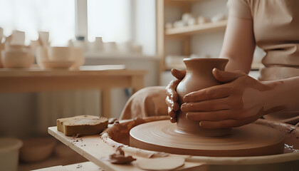 Hands shaping clay on a pottery wheel in a bright and airy studio space