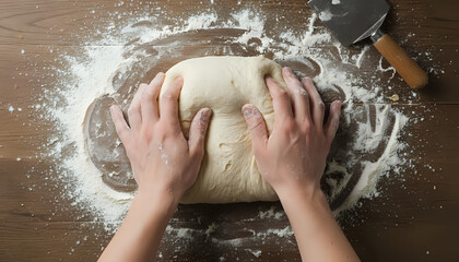 Hands kneading dough on a floured wooden surface for baking preparation