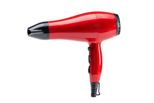 Close-up of hair being dried with hair dryer and hands nearby isolated on transparent background