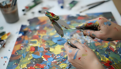 Artist mixes vibrant oil paints with palette knives for abstract artwork