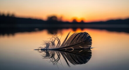 Feather floating on water at sunset near tranquil lake with colorful sky and peaceful reflections