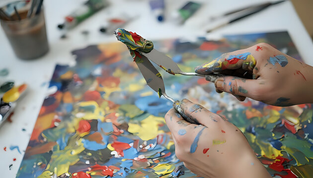 Artist mixes vibrant oil paints with palette knives for abstract artwork