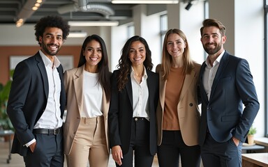 Happy diverse business team standing together in office International young professional smiling corporate employee with senior leaders looking at camera. High quality