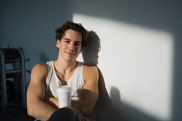young man with gentle smile takes moment to relax between workout sets enjoying cup of coffee