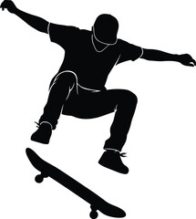 Fototapeta premium Black silhouette of a skateboarder mid-air performing a trick, skateboarder, silhouette, black and white, trick, jump, air, motion, action, sport, extreme sport, skateboarding, youth, active, dynamic,