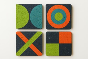 Set of four square cork coasters with colorful abstract geometric patterns in green, orange, and blue on dark background.