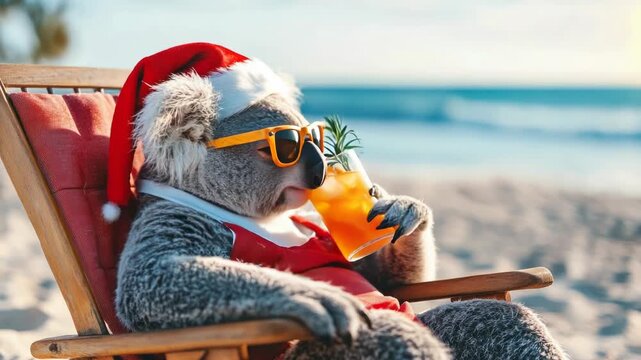 Charming koala with a Santa hat lounging in a deck chair on a sandy beach during sunset, sipping on a cool glass of juice. Celebrating Christmas on a sunny, tropical vacation