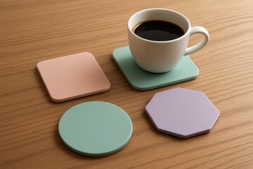 Cup of black coffee on pastel square coaster with set of colorful geometric coasters in different shapes on wooden table.