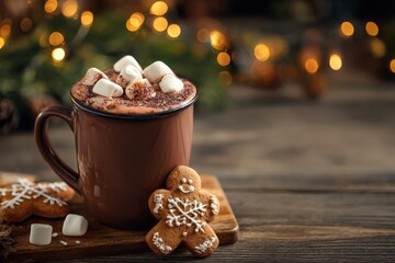 Warm hot chocolate with marshmallows and gingerbread cookie, festive bokeh lights