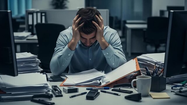 Overworked office worker, Stressful work environment described vividly