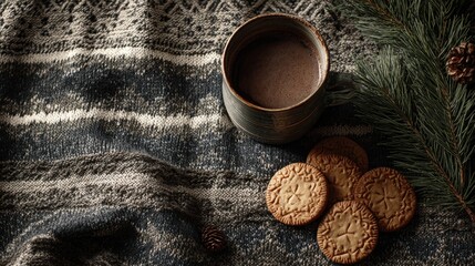 Warm mug of hot chocolate with festive cookies and pine branch on knitted blanket