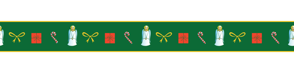 Edging, ribbon, border of festive Christmas symbols in flat style. Vector seamless pattern, ornament, decorative element, decoration for New Year, xmas design