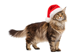 Fluffy cat with Santa hat standing, isolated on a transparent background