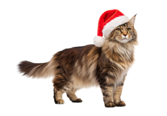 Fluffy cat with Santa hat standing, isolated on a transparent background