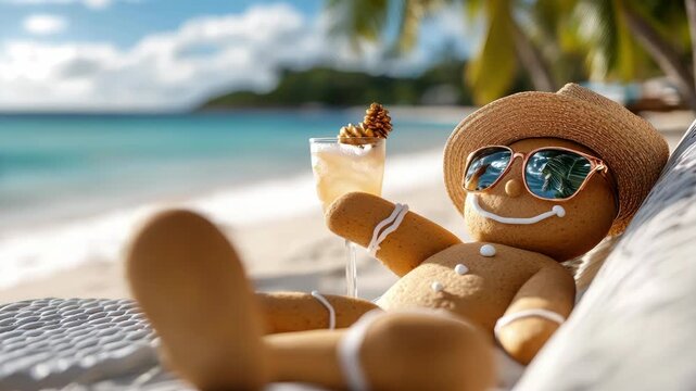 Happy gingerbread man in sunglasses and a straw hat lounging on a sunbed with a cocktail, soaking up the sun on a tropical beach with turquoise water and palms