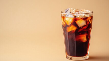 Glass of iced coffee with ice cubes on beige background — ideal for summer, refreshing and healthy content.Glass of iced coffee with ice cubes on beige background — ideal for summer, refreshing and he