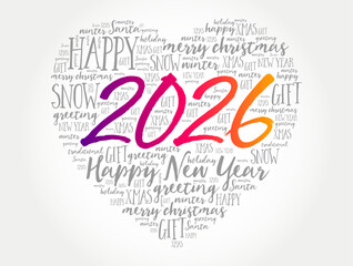 2026 in a heart-shaped word cloud surrounded by happy, snow, greeting, Xmas, gift and merry Christmas text, forming a warm seasonal New Year design with decorative holiday wording