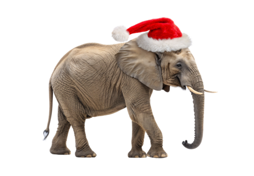 Elephant with Santa hat walking forward, isolated on a transparent background