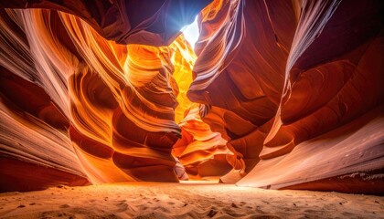 Antelope Canyon's Fiery Embrace: Arizona's Slot Canyon Beauty with Dramatic Light Beams and Wavy Sandstone Walls