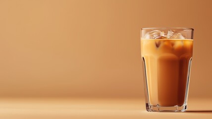 Iced coffee in glass on wooden table with warm background  
