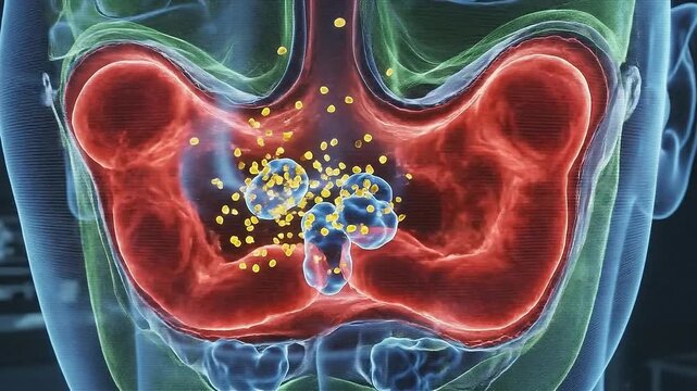 Medical animation visualization of an overactive immune response in the nasal cavity showing inflammation and immune cell activation with detailed 3D models and HUD