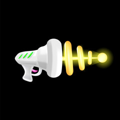 Cartoon super space energy blaster isolated on black background. Retro game label or icon with vintage space laser pistol gun. Tesla electric coil gun