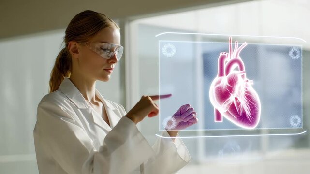 A young Caucasian woman in a lab coat interacts with a holographic heart model. She wears glasses and has long brown hair. The background is a modern laboratory setting.