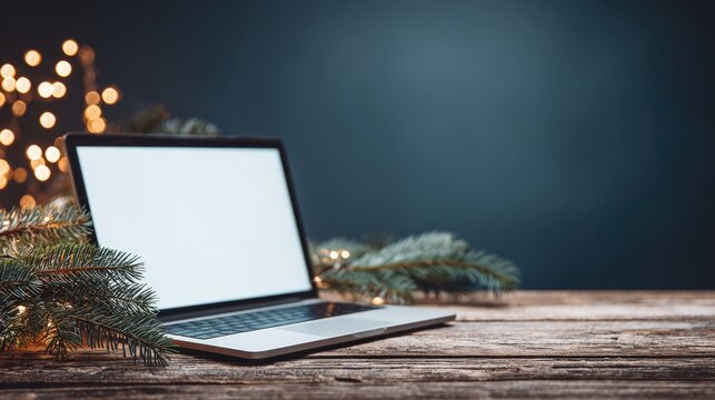 Blank laptop screen on rustic wooden table with festive fir branches and warm bokeh lights, Christmas concept with copy space