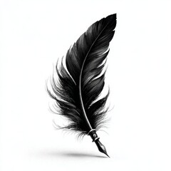 Minimalist black vector logo of a quill pen writing, simple design on white background in classic graphic style.