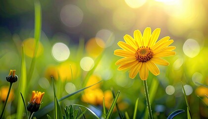 A single yellow daisy stands tall in a grassy field, bathed in warm sunlight, with out-of-focus circles of light creating a dreamy atmosphere.