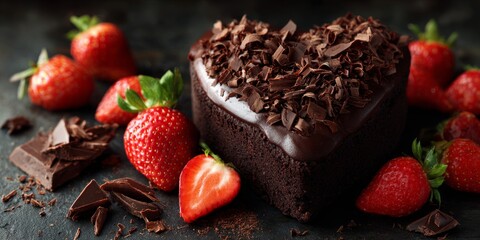Chocolate Cake Heart with Fresh Strawberries and Chocolate Shavings on Dark Background