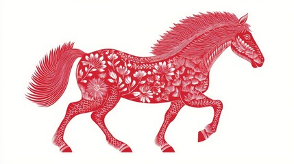 Red paper-cut illustration of a cute horse in simple flat vector style, isolated on white background for design projects.